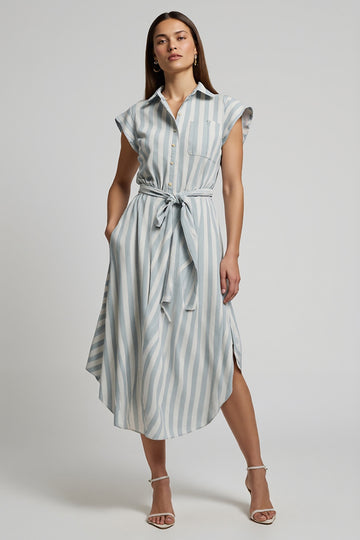 Stripe A Line Light Blue Work Dress with Sash